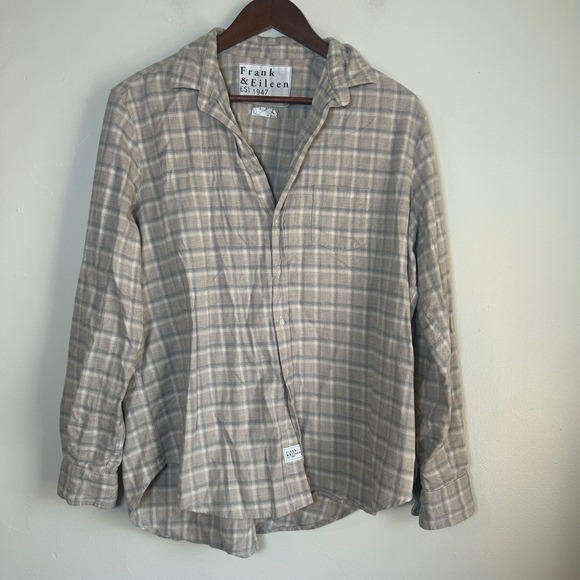Frank & Eileen Eileen Button Up Shirt Women L Beige Grey Plaid Flannel Cotton - Picture 2 of 7